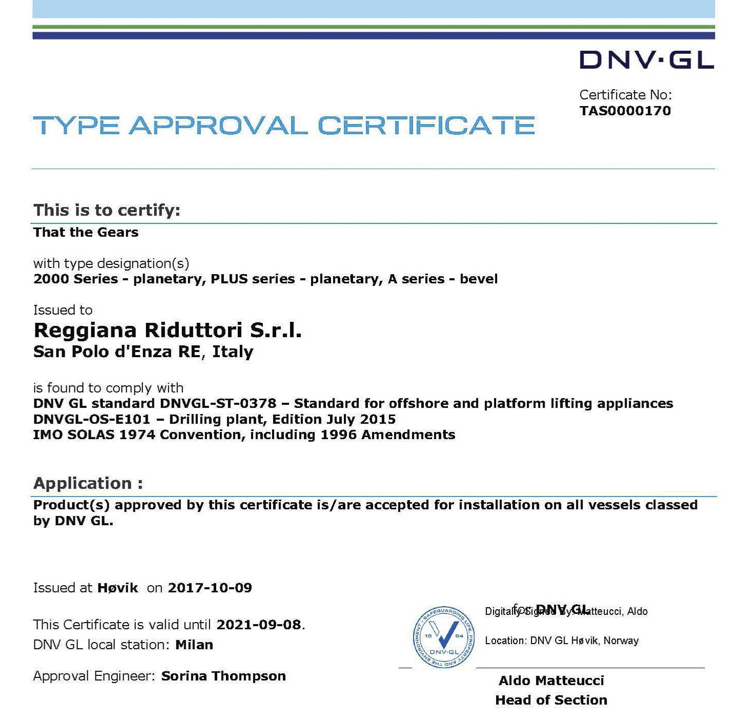 DNV type approval for Reggiana Riduttori gears